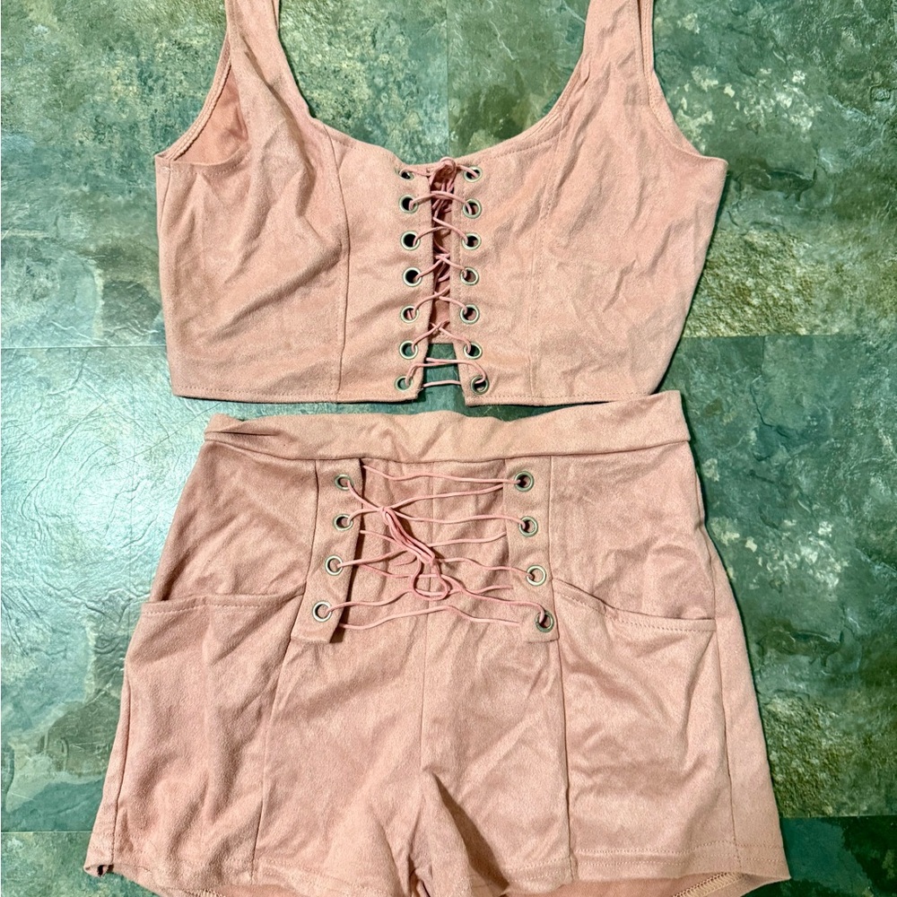 Pink Lace-Up Crop Top and Shorts Set